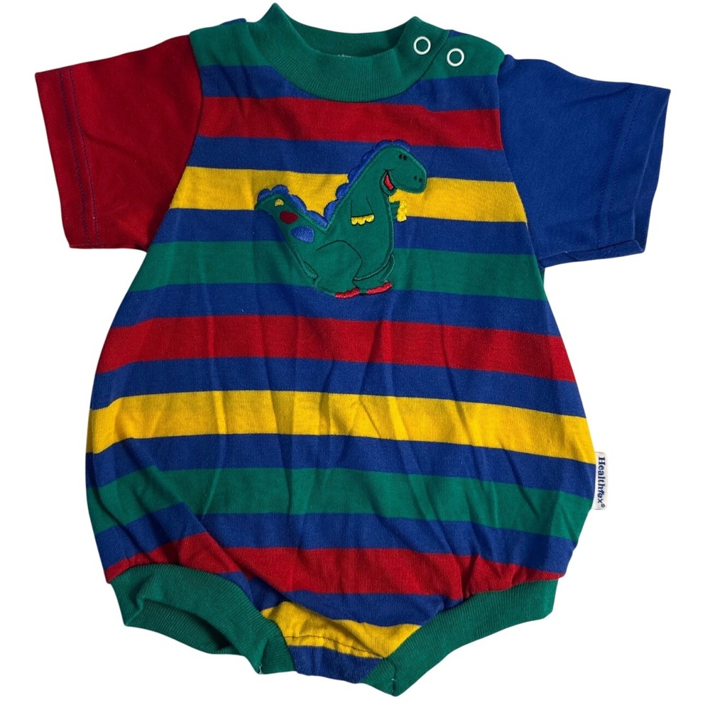 Vintage 90s Healthtex ColorBlock Boy Stripe Dino Bubble Romper 6-9 month kidcore